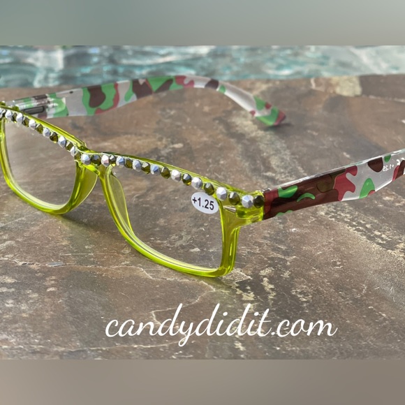 Translucent Chartreuse Camo W/Chartreuse Crystals Bling Reader Glasses With Case - Picture 4 of 11